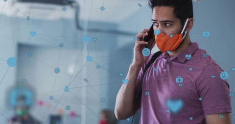 Man talking on smartphone with health technology overlay