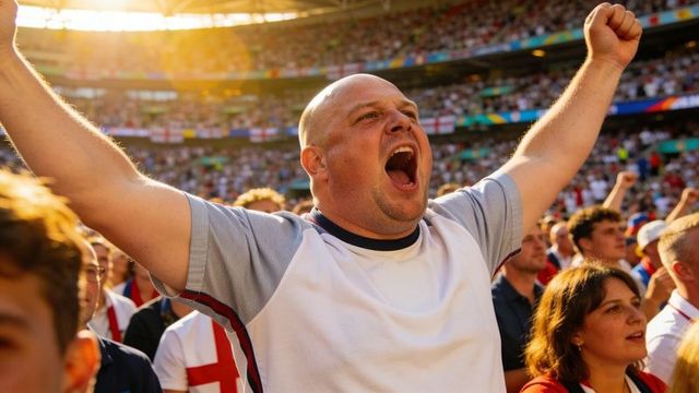 Bald fan cheering and raising arms in sunlit stadium crowd celebrating victory