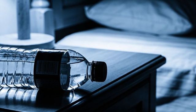 Lying plastic water bottle on wooden nightstand reflecting barcode glare and bedside lamp