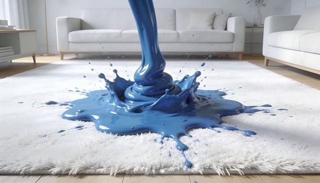 Pouring glossy blue paint forming splash crown on white shag rug in modern living room