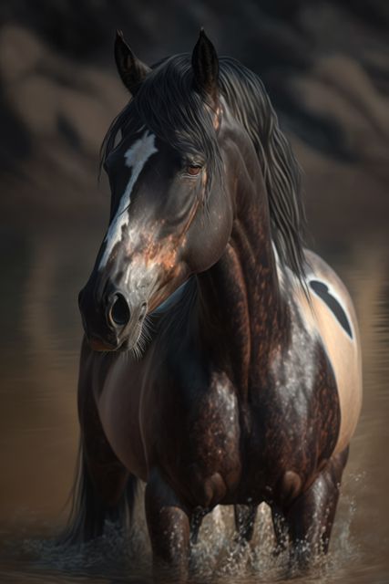 Brown horse standing in water, created using generative ai technology. Nature, horse, animal and wildlife concept digitally generated image.