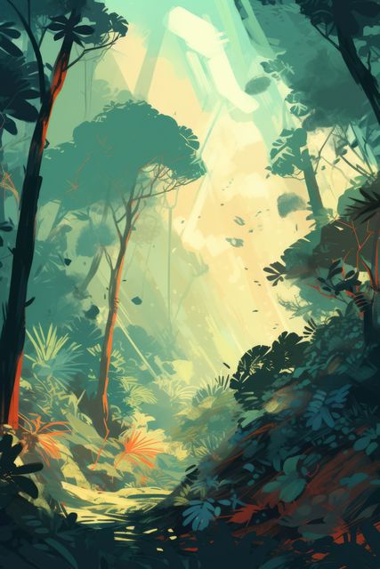 This illustration features a mystical jungle bathed in the soft, early morning sunlight. The light creates a serene and picturesque scene, ideal for designs related to nature, adventure, and tranquility. It is perfect for background designs in environmental-themed presentations, posters, or digital wallpapers.