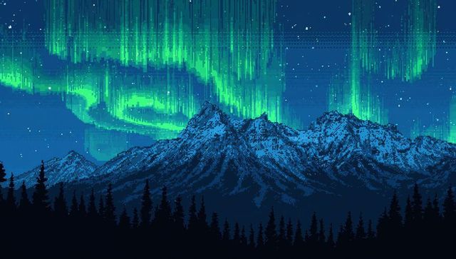 Glowing pixel-art aurora dancing over rugged mountain peaks with pine silhouettes