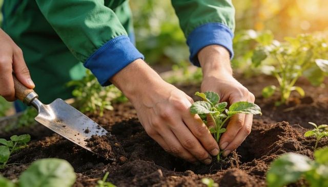 Hands planting young seedling with trowel in sunlit garden bed for sustainable gardening