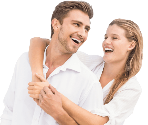 Laughing caucasian couple embracing on transparent background