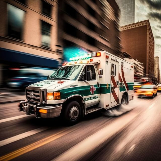Ambulance driving in city street, created using generative ai technology. Ambulance and emergency medical services concept digitally generated image.