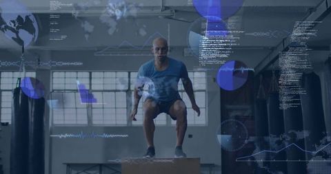 Athlete Performing Plyometric Box Jump in Industrial Gym with Fitness Data Overlays