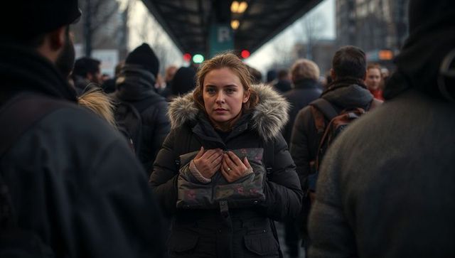 Young woman standing in crowded rail platform holding floral clutch wearing fur-trim parka
