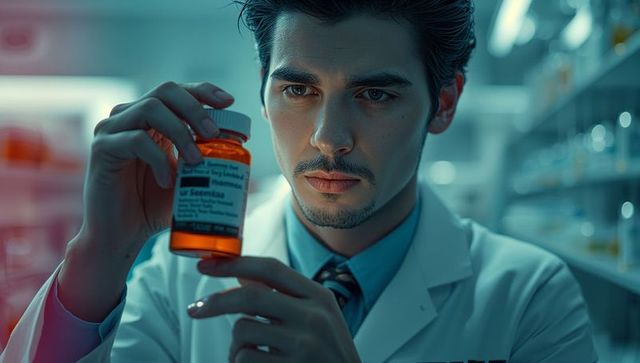 Pharmacist Analyzing Prescription Bottle in Healthcare Facility