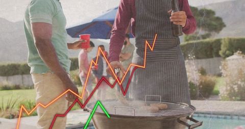 Poolside barbecue host wearing striped apron flipping burgers with data graph overlay