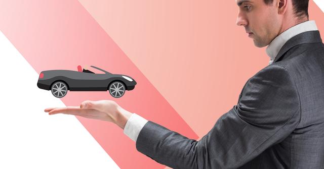 Businessman in a suit holding a car vector illustration, representing concepts of business, transportation, and technology. Ideal for use in marketing materials, advertisements, and presentations related to automotive industry, business innovation, and digital design.