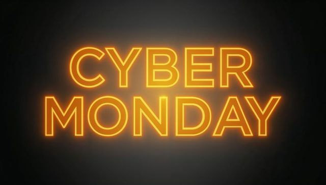 Glowing neon cyber monday signage on dark gradient backdrop for e-commerce promotion