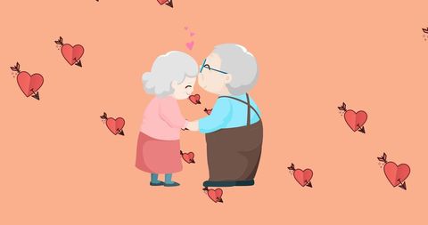 Senior Couple Embracing Amid Flaming Heart Icons - Download Free Stock Images Pikwizard.com