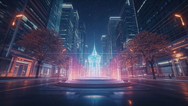 Futuristic urban plaza with holographic fountain and neon lights