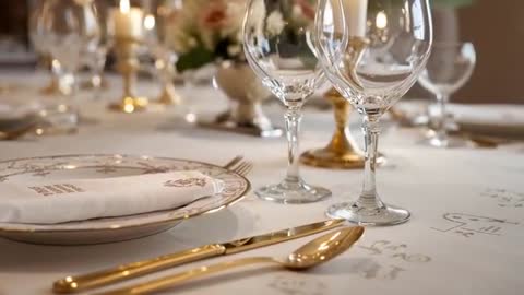 Panning Close-Up Showing Elegant Gold Cutlery and Stemware on Formal Table