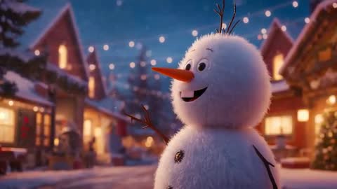 Charming Snowman Smiling in Festive Mountain Village at Dusk