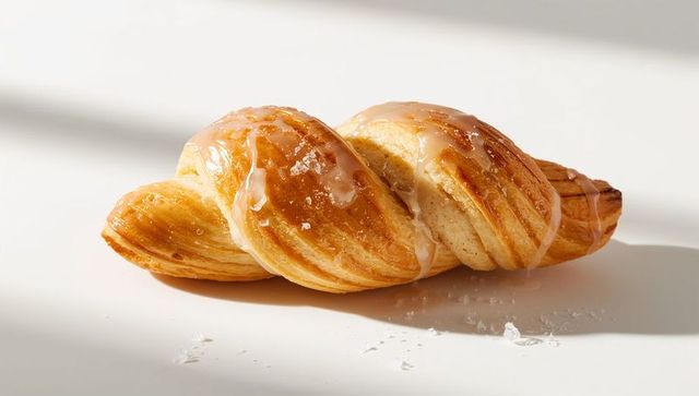 Glazed Laminated Twist Pastry with Sugar Crystals on Minimalist White Surface