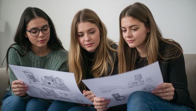 Three young women reviewing interior design plans on sofa collaborating on project