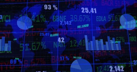Global statistical data and stock market analysis display