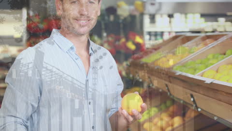Man Shopping for Produce Crossed with Financial Data Animation