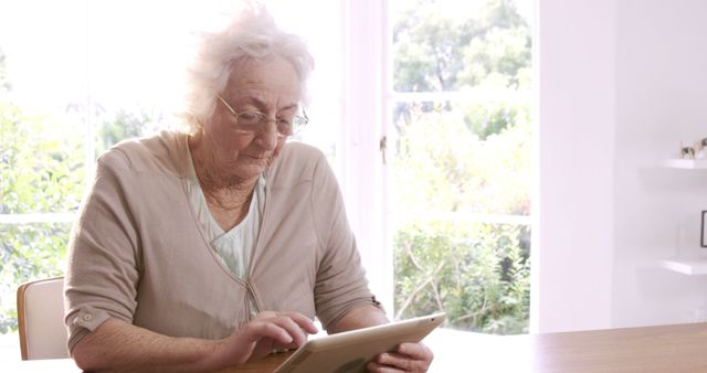 Senior woman using a tablet in a bright, naturally lit room. Ideal for content on elderly technology use, digital literacy among seniors, and comfortable home living.