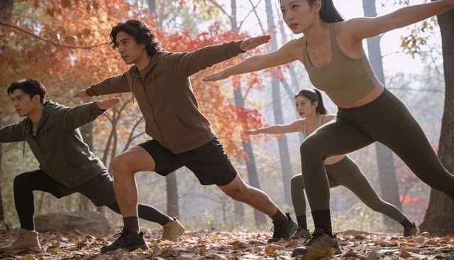 Group practicing lunges in autumn forest backlit woodland fitness training session