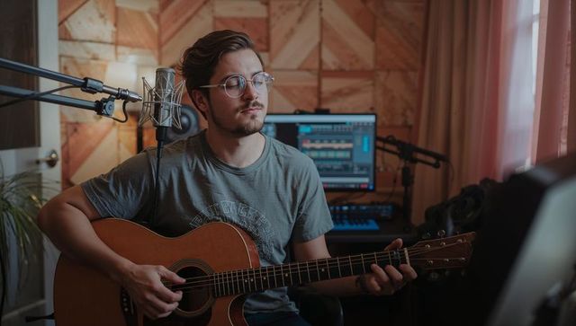 Young musician recording acoustic guitar and vocals in home studio with condenser mic