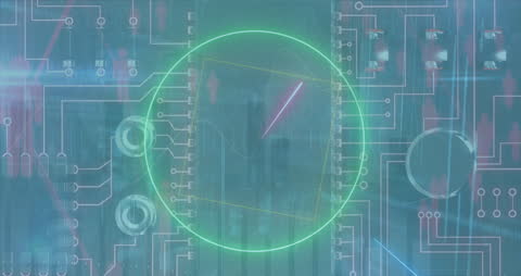 Digital Circuit Overlay on Futuristic Cityscape