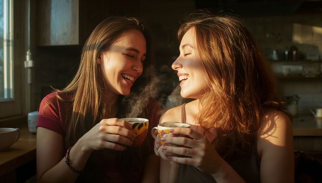 Sunlit friends laughing and holding steaming mugs in cozy kitchen enjoying morning warmth