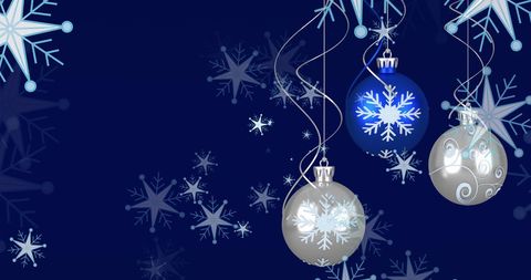 Festive Christmas Baubles with Snowflake Design on Deep Blue Background