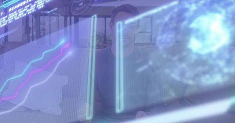 Man using augmented reality data display on home sofa with holographic charts and neon overlay