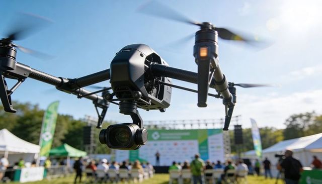 Pro drone hovering over festival stage capturing aerial footage of audience and staff