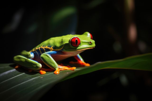 Vivid depiction of a red-eyed tree frog with bright green skin, blue and orange markings resting on a green leaf. Used for themes of biodiversity, jungle exploration, exotic wildlife, conservation, and tropical animals. Perfect for educational materials, environmental campaigns, wildlife conservation posters, and nature magazines.