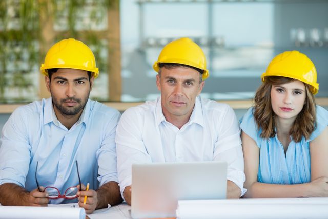 Three architects wearing hard hats sitting together in an office, collaborating on a project. They are looking confident and focused, with blueprints and a laptop in front of them. This image is ideal for use in articles or advertisements related to construction, architecture, teamwork, and project management.
