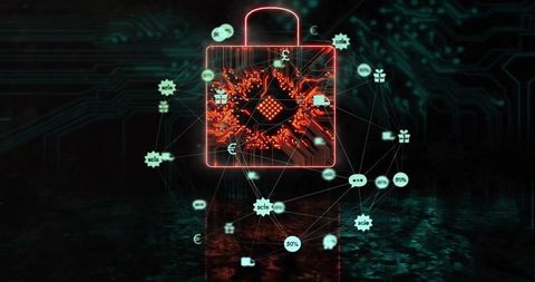 Glowing cybersecurity lock with digital network icons