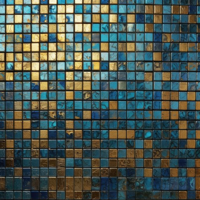 Square mosaic tiles featuring deep blue and metallic gold colors, creating a luxurious texture. Ideal for interior design inspiration, background images, tiling concepts in kitchens or bathrooms, and artistic projects.