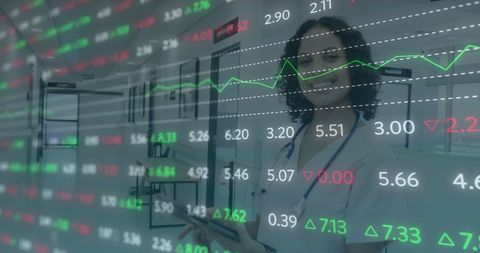 Healthcare Professional Analyzing Data with Stock Market Overlay
