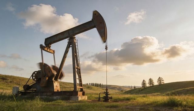 Rusted pumpjack pumping at sunset on rolling grassland oilfield in rural landscape