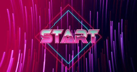 Dynamic start screen with vibrant light trails in neon colors