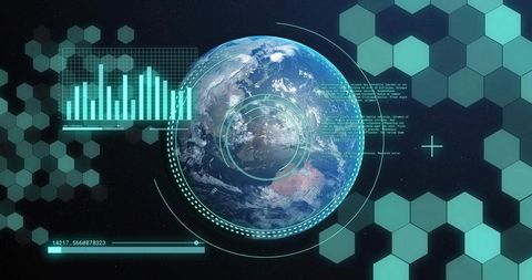 Orbital hud scanning earth globe with futuristic hex grid, telemetry and data overlays