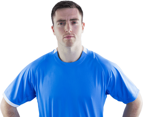 Front-Facing Transparent Rugby Player with Serious Pose and Hands on Hips