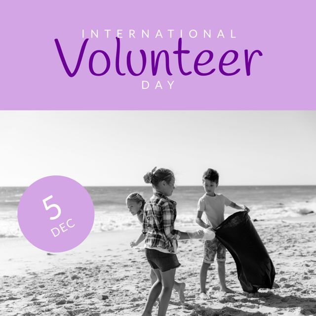 Children are participating in an environmental cleanup activity on the beach to celebrate International Volunteer Day. The mix of black and white tones with a colorful overlay communicates the spirit of unity and change. Perfect for use in campaigns for volunteer recruitment, environmental conservation events, educational posters about waste management, and themed social media posts.