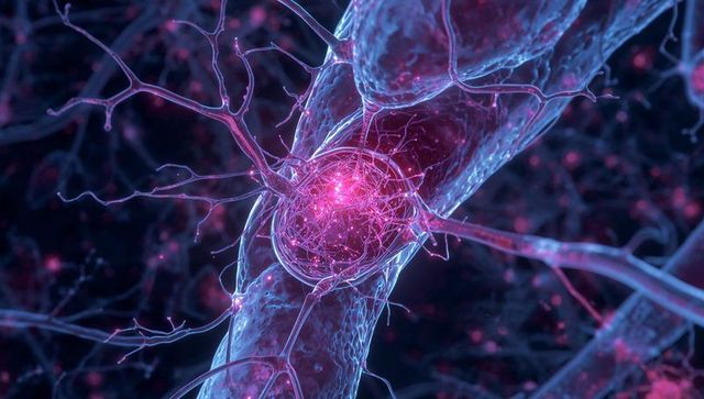 Glowing neural synapse cluster pulsing along thick axon with delicate neurites