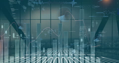 Abstract Financial Data with City Skyline Background