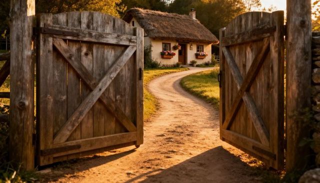 Open Wooden Gates Leading to Sunlit Thatched Cottage on Winding Country Path