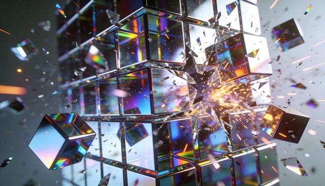 Shattering Prismatic Cube Grid Ejecting Iridescent Fragments with Sparks and Light Burst