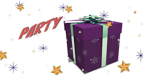 Festive Gift Box with Party Text and Snowflake Motif