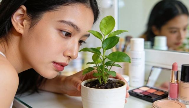 Asian woman leaning at vanity inspecting potted plant with makeup and skincare reflection
