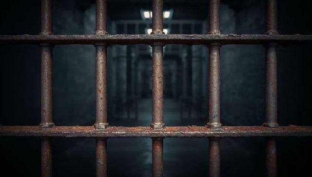 Rusted Jail Bars Leading to Dimly Lit Corridor in Penitentiary