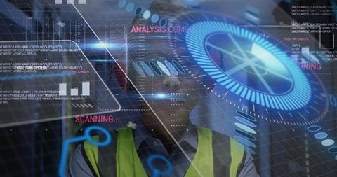 Engineer analyzing holographic interface at industrial site